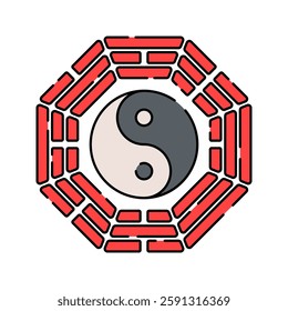 Yin Yang Flat design style, black and white yin-yang inside a red octagon, symbolizing balance in Taoism, ideal for spiritual designs, philosophy content, and Asian-themed projects.