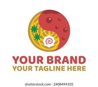 Yin yang food and drink logo template. Multipurpose vector logo template with ramen or noodles, drink, and yin yang element for restaurants, bars, etc.