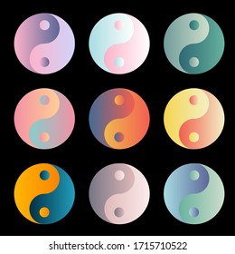 Yin Yang gradient icon collection on black background. Vector illustration eps10