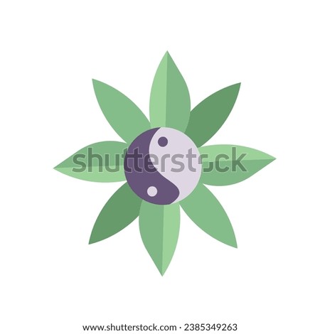 yin and yang with green leaf curling behind it