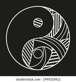 Yin and Yang. Hand drawn religious symbol on isolated background. Black and white illustration