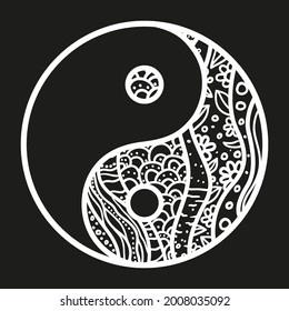 Yin and Yang. Hand drawn religious symbol on isolated background. Black and white illustration