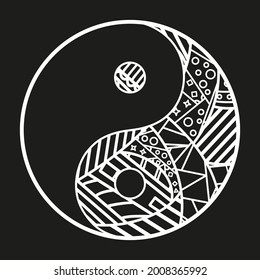 Yin and Yang. Hand drawn religious symbol on isolated background. Black and white illustration