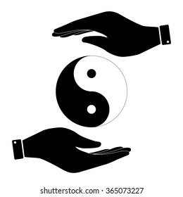 Yin and yang in hand icon, care symbol vector illustration. Flat design style