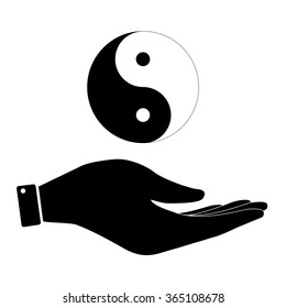 Yin and yang in hand icon, care symbol vector illustration. Flat design style