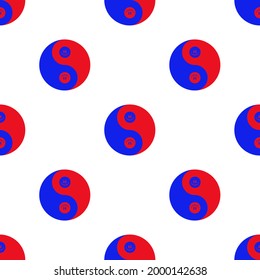 Yin and yang with happy face in red and blue. Vector seamless pattern