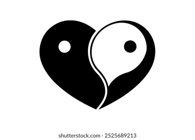 Silueta aislada del corazón del yin y del yang en el fondo blanco