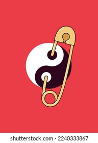 Yin and yang held together with a safety pin. Groovy style cartoon illustrations. Positive motivational symbol. Vector poster