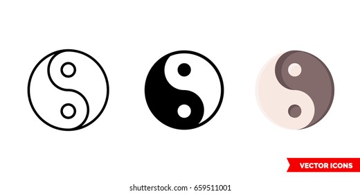 Yin Yang icon of 3 types: color, black and white, outline. Isolated vector sign symbol.