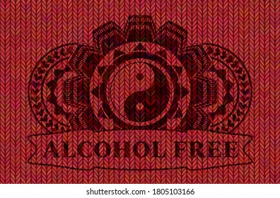 Yin yang icon and Alcohol Free text Red color woolen fabric badge. Cloth graceful background. Intense illustration. 