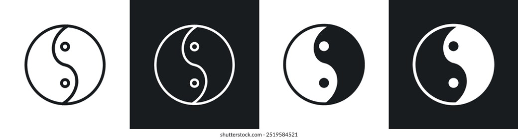 Yin yang icon collection in black and white filled and stroke line style.