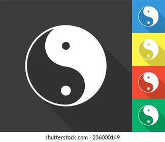 yin yang icon - gray and colored (blue, yellow, red, green) vector illustration with long shadow