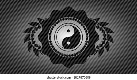 Yin yang icon inside carbon fiber realistic badge. Polymer texture delicate background. Intense illustration. 