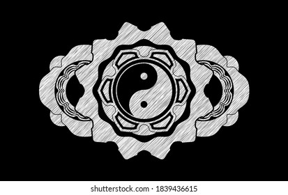 Yin yang icon inside chalk blackboard realistic badge. Chalkboard luxurious background. Vector illustration. 