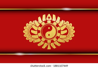 Yin yang icon inside Gold and Red color emblem. Traditional handsome background. Vector illustration. 