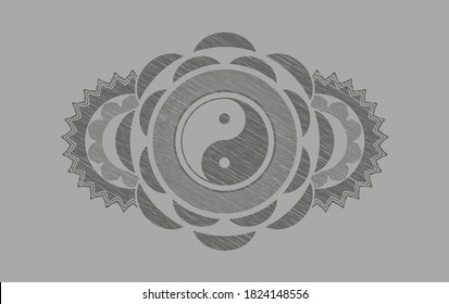 Yin yang icon inside Grey stroke badge. Solid fashionable background. Illustration. 