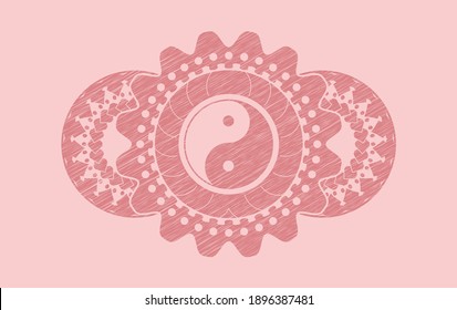 Yin yang icon inside Pink stroke badge. Rose color handsome background. Artistic illustration. 