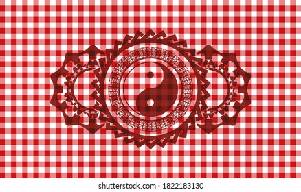 Yin yang icon inside red checkered tablecloth realistic emblem. Restaurant classic background. Artistic illustration. 