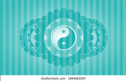 Icono de Yin yang dentro del emblema realista de color turquesa. Barras de fondo a la moda. Ilustración vectorial. 