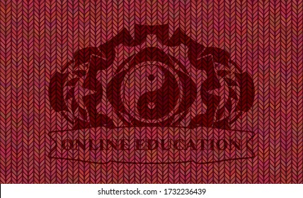 Yin yang icon and ONLINE EDUCATION text Red woolen fabric realistic emblem. Cloth handsome background. Illustration. 