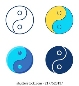 Yin yang icon set in flat and line style. Eastern symbol of harmony and balance. Vector illustration.