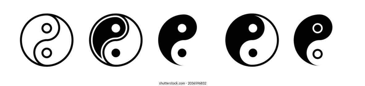 Yin yang icon set. Harmony and balance sign on white background. Black and white taoism symbol. Isolated vector illustration.	