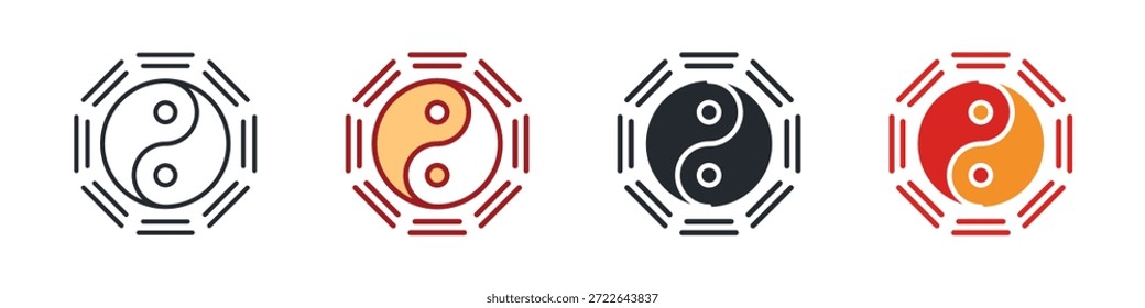 Ícone Yin Yang Definir Vários Estilos. Projetado Em Contorno, Azul, Glifo, Tom Duplo