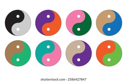 Yin yang icon set. Yin and yang symbols isolated on white background. Ying yang icon symbol of harmony and balance different colourful graphic logo design. Vector illustration. EPS 10