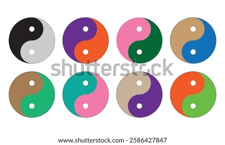 Yin yang icon set. Yin and yang symbols isolated on white background. Ying yang icon symbol of harmony and balance different colourful graphic logo design. Vector illustration. EPS 10