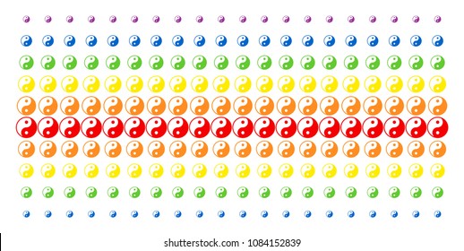 Yin Yang icon spectrum halftone pattern. Vector symbols arranged into halftone grid with vertical spectral gradient. Constructed for backgrounds, covers, templates and abstraction effects.