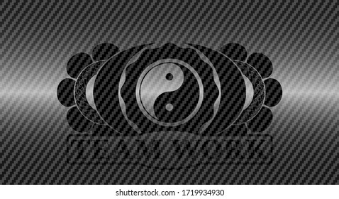 Yin yang icon and Team Work text carbon fiber emblem. Polymer texture handsome background. Intense illustration. 