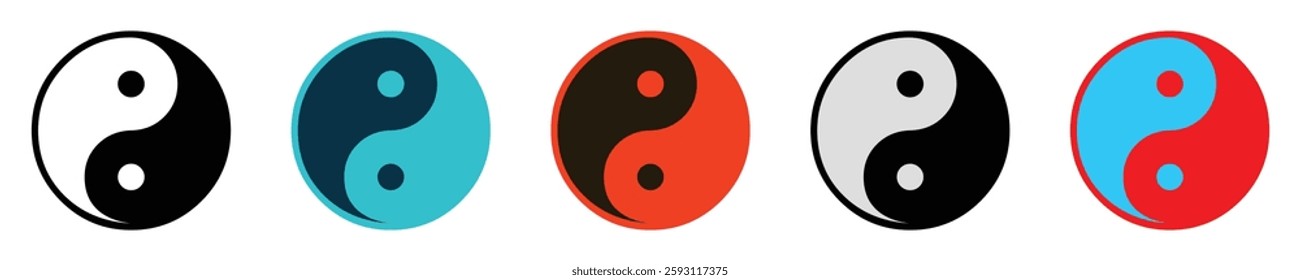 Yin yang icons set in different style. Symbol of harmony and balance. Yinyang taoism chinese sign for chinese new year and lunar festive. Vector illustration.