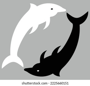 Yin and Yang illustrated using dolphins, Yin and Yang sign, abstract art vector, black and white, monochrome, suitable for T shirt prints and signs and banners and social media and web design