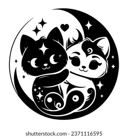 Yin yang kittens. Cute cats black silhouette on a transparent background. Round pattern in Asian style. Vector outline for stencil.