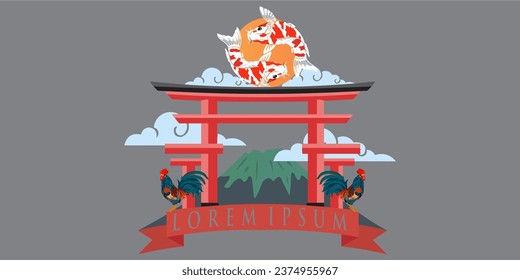 yin and yang koi fish along with 2 roosters in a pagoda with a mountain background