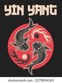 Yin yang koi fish japanese art vintage tshirt design