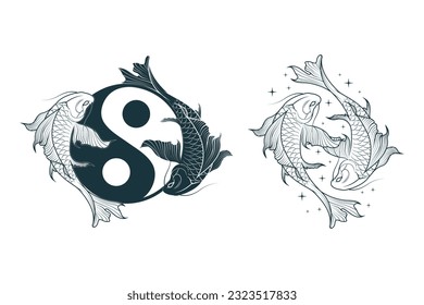 Yin yang koi fish,  symbol of harmony and balance. Japanese art for t-shirts, tattoos, prints and stickers. Hand drawn vector illustration isolated on white background.