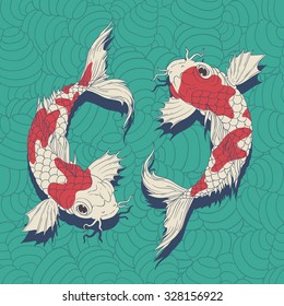 Yin Yang Koi fishes in oriental style painting. symbolize luck, fortune, or love. in blue wave background