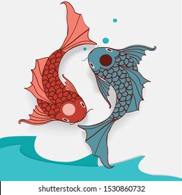 Yin yang koi symbol swimming above waves.