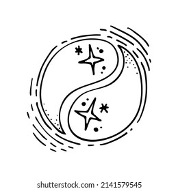 Yin Yang line art. Symbol of male and female. Union of good and evil. An ancient sign of Chinese philosophy. The harmony of nature. Hand drawn vector illustration. Magic talisman.