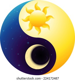 Yin Yang linked to day and night ideas vector cartoon illustration