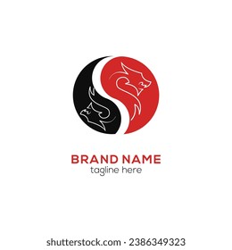 Yin and yang logo is black and red with two dragons in it