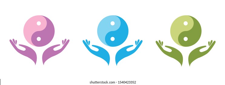 Yin Yang logo with hand's palms. Purple, blue and green logo concept of peace, healing, harmony and wellbeing. Modern vector illustration.