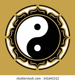 Yin Yang, lotus flower, Chinese symbol, vector, black and white, isolated