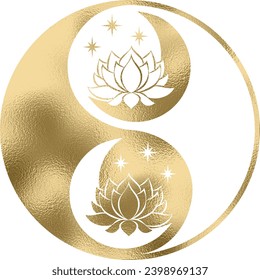 yin yang with lotus flower in gold with transparent background