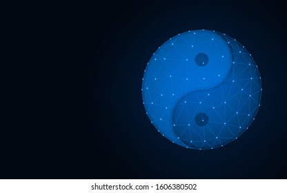 Yin Yang low poly design, Symbol of harmony wireframe mesh polygonal vector illustration made from points and lines on dark blue background