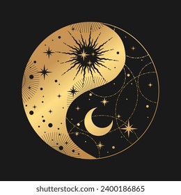 Yin and yang magic vector. Sun, Moon, stars. Vector hand drawn illustration. Gold colored