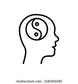 Yin Yang in Man Head Line Icon. Yinyang in Human Brain Linear Pictogram. Harmony, Unity, Balance Outline Symbol. Asian Culture Spiritual Sign. Editable Stroke. Isolated Vector Illustration.