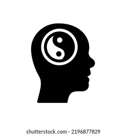 Yin Yang in Man Head Silhouette Icon. Yinyang in Human Brain Pictogram. Harmony, Unity, Balance Black Symbol. Asian Culture Spiritual Sign. Isolated Vector Illustration.