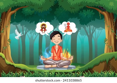 The Yin Yang Man meditating concept. Young guy sits in lotus position in clearing against backdrop of mountains. Outdoor workouts. Yoga, active lifestyle, fitness. devil and angel dark and light mean.